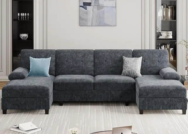 Main image of Sectional Couches for Living Room, U Shaped Couch 4 Seat Sectional Sofa with Chaise and Armrests, Comfortable Fabric Large Sofa for Apartment (Grey)