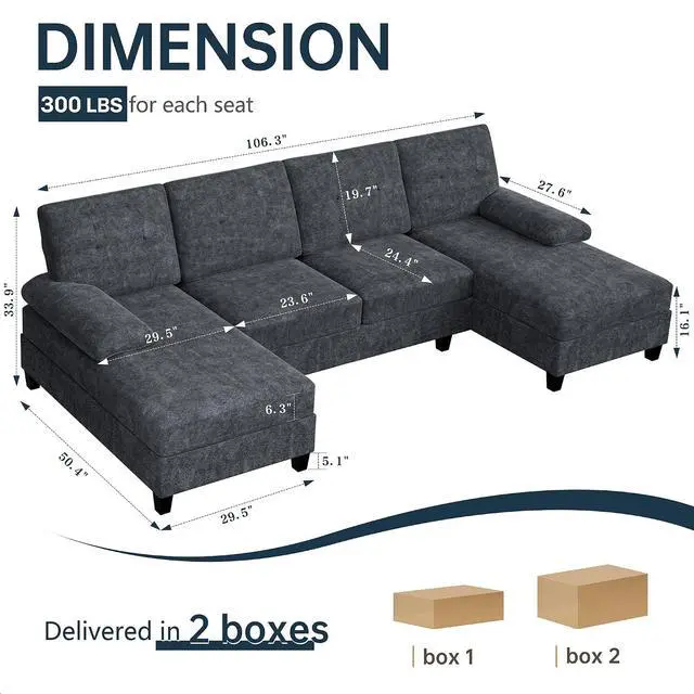 Alt view image 2 of 5 - Sectional Couches for Living Room, U Shaped Couch 4 Seat Sectional Sofa with Chaise and Armrests, Comfortable Fabric Large Sofa for Apartment (Grey)