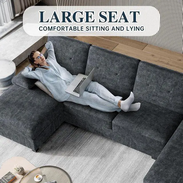 Alt view image 3 of 5 - Sectional Couches for Living Room, U Shaped Couch 4 Seat Sectional Sofa with Chaise and Armrests, Comfortable Fabric Large Sofa for Apartment (Grey)