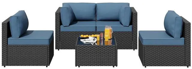 Main image of 5pcs Patio Outdoor Furniture Sets Conversation Set, Low Back All-Weather Rattan Sectional Sofa with Tea Table&Washable Couch Cushions, Patio Furniture Sets (Black Rattan)