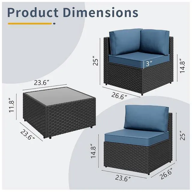 Alt view image 3 of 6 - 5pcs Patio Outdoor Furniture Sets Conversation Set, Low Back All-Weather Rattan Sectional Sofa with Tea Table&Washable Couch Cushions, Patio Furniture Sets (Black Rattan)