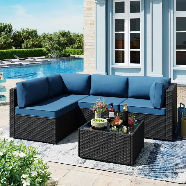 Alt view image 2 of 6 - 5pcs Patio Outdoor Furniture Sets Conversation Set, Low Back All-Weather Rattan Sectional Sofa with Tea Table&Washable Couch Cushions, Patio Furniture Sets (Black Rattan)