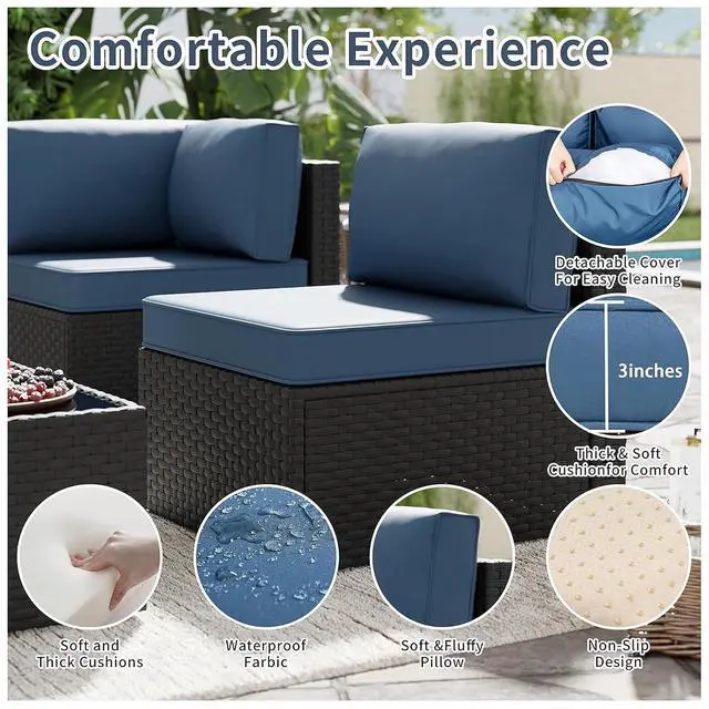 Alt view image 4 of 6 - 5pcs Patio Outdoor Furniture Sets Conversation Set, Low Back All-Weather Rattan Sectional Sofa with Tea Table&Washable Couch Cushions, Patio Furniture Sets (Black Rattan)