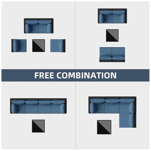 Alt view image 6 of 6 - 5pcs Patio Outdoor Furniture Sets Conversation Set, Low Back All-Weather Rattan Sectional Sofa with Tea Table&Washable Couch Cushions, Patio Furniture Sets (Black Rattan)