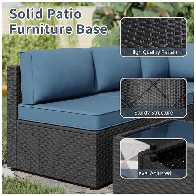 Alt view image 5 of 6 - 5pcs Patio Outdoor Furniture Sets Conversation Set, Low Back All-Weather Rattan Sectional Sofa with Tea Table&Washable Couch Cushions, Patio Furniture Sets (Black Rattan)