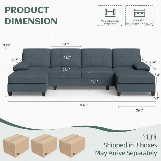 Alt view image 2 of 7 - Sectional Couches for Living Room, U-Shaped Sofa with Chaise, 4-seat Large Sectional Modern Couch for Living Room, Apartment (Gray)