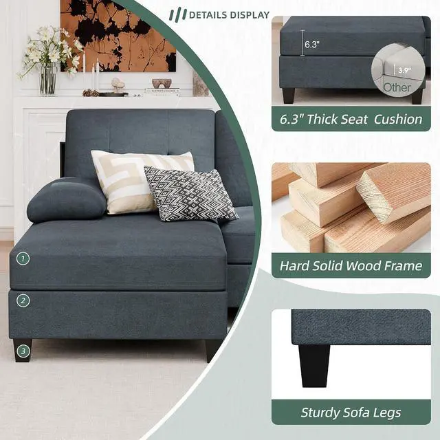 Alt view image 5 of 7 - Sectional Couches for Living Room, U-Shaped Sofa with Chaise, 4-seat Large Sectional Modern Couch for Living Room, Apartment (Gray)