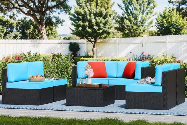 Alt view image 2 of 7 - 7 Pieces Outdoor Patio Furniture Sets, Outdoor Sectional Rattan Sofa, PE Manual Weaving Wicker Patio Conversation Set with Cushion, Glass Table, Red Pillow (Blue)
