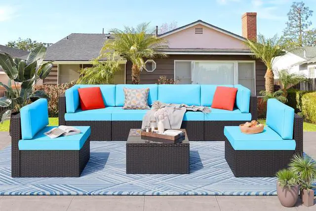 Main image of 7 Pieces Outdoor Patio Furniture Sets, Outdoor Sectional Rattan Sofa, PE Manual Weaving Wicker Patio Conversation Set with Cushion, Glass Table, Red Pillow (Blue)