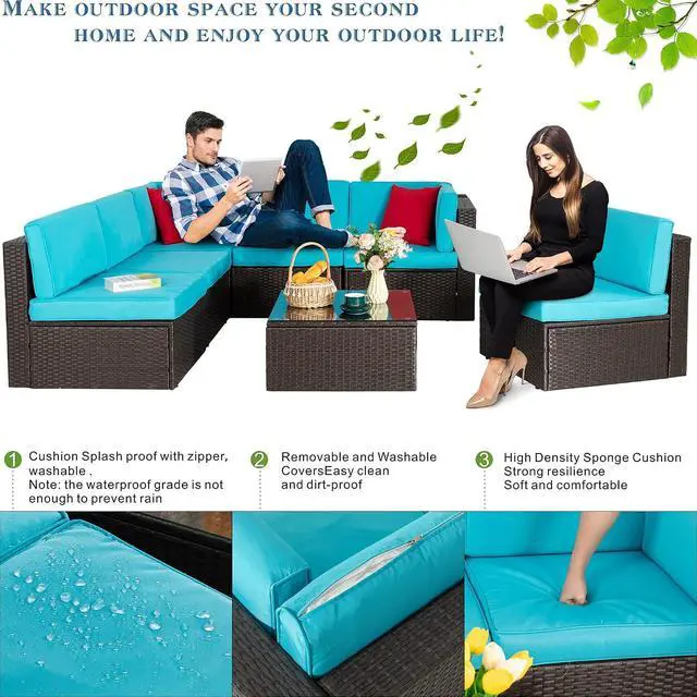 Alt view image 3 of 7 - 7 Pieces Outdoor Patio Furniture Sets, Outdoor Sectional Rattan Sofa, PE Manual Weaving Wicker Patio Conversation Set with Cushion, Glass Table, Red Pillow (Blue)