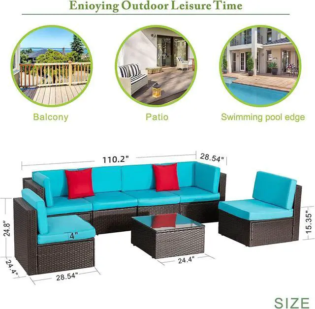 Alt view image 6 of 7 - 7 Pieces Outdoor Patio Furniture Sets, Outdoor Sectional Rattan Sofa, PE Manual Weaving Wicker Patio Conversation Set with Cushion, Glass Table, Red Pillow (Blue)