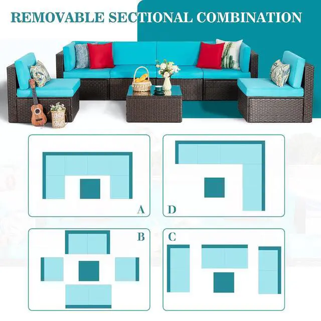 Alt view image 5 of 7 - 7 Pieces Outdoor Patio Furniture Sets, Outdoor Sectional Rattan Sofa, PE Manual Weaving Wicker Patio Conversation Set with Cushion, Glass Table, Red Pillow (Blue)