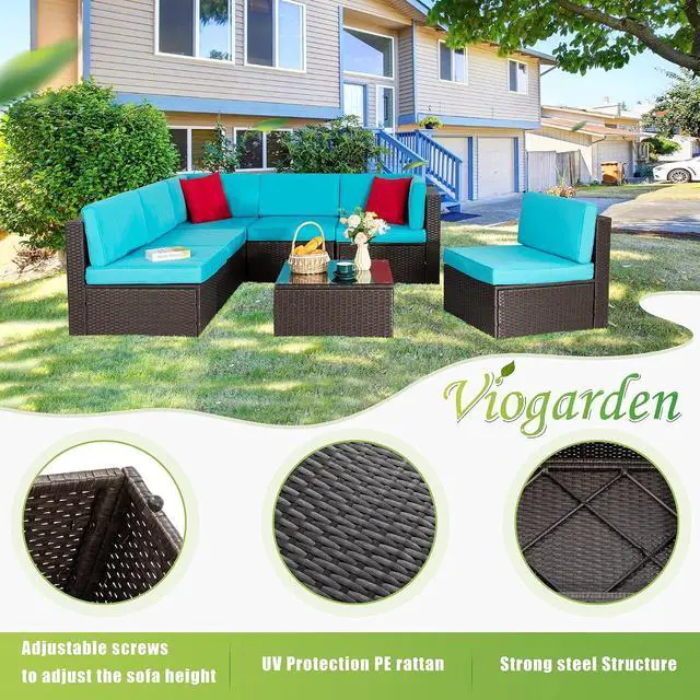 Alt view image 4 of 7 - 7 Pieces Outdoor Patio Furniture Sets, Outdoor Sectional Rattan Sofa, PE Manual Weaving Wicker Patio Conversation Set with Cushion, Glass Table, Red Pillow (Blue)
