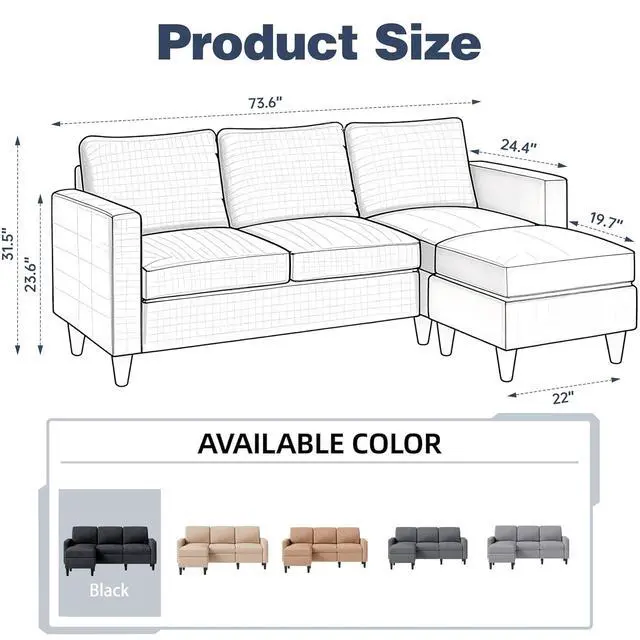 Alt view image 2 of 6 - 73.6" Modular Sectional Sofa, Comfy Cloud Couch with Movable Ottoman Deep Seat L Shaped Modular Sofa, Sectional Couches for Living Room and Apartment, Black