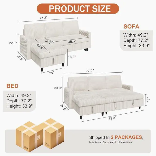 Alt view image 2 of 7 - Pull Out Couch with Storage, 77" Sectional Sleeper Sofa, 2 in 1 L-Shaped Sofa Bed with Storage Chaise Corduroy Fabric for Living Room, Apartment, Small Space, White