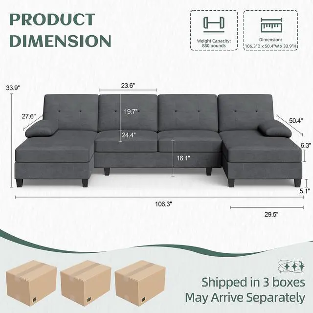 Alt view image 2 of 7 - Sectional Couches for Living Room, U-Shaped Sofa with Chaise, 4-seat Large Sectional Modern Couch for Living Room, Apartment (Black)