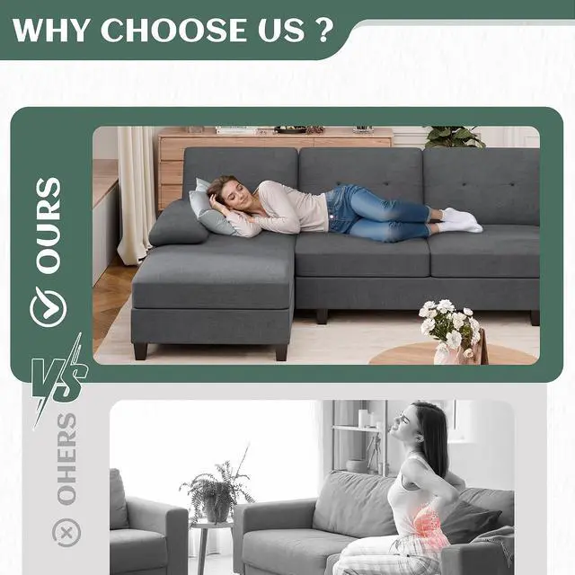 Alt view image 6 of 7 - Sectional Couches for Living Room, U-Shaped Sofa with Chaise, 4-seat Large Sectional Modern Couch for Living Room, Apartment (Black)