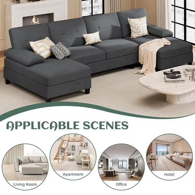 Alt view image 7 of 7 - Sectional Couches for Living Room, U-Shaped Sofa with Chaise, 4-seat Large Sectional Modern Couch for Living Room, Apartment (Black)