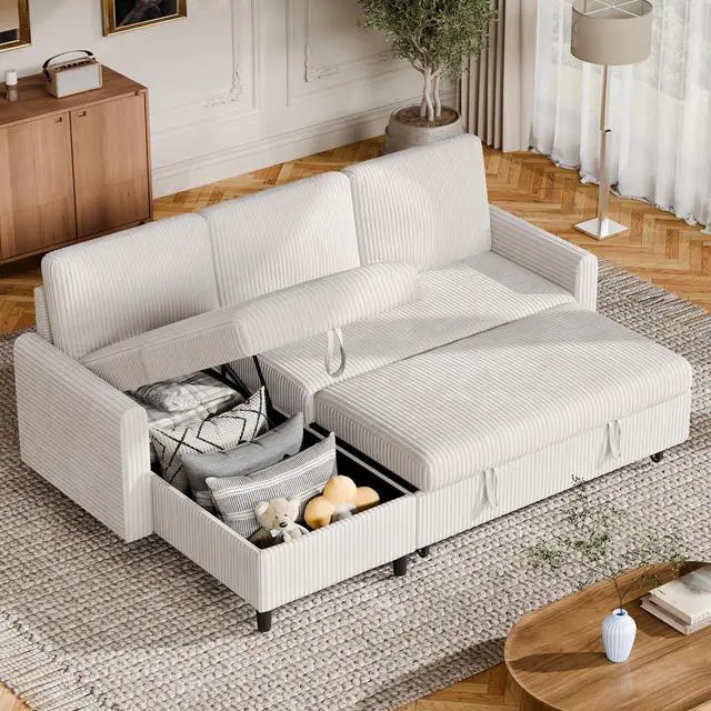 Main image of Convertible Sleeper Sofa, Pull Out Couch with Storage, 77" L-Shaped Sofa Bed with Storage Chaise Corduroy Fabric for Living Room, Apartment, Small Space, White