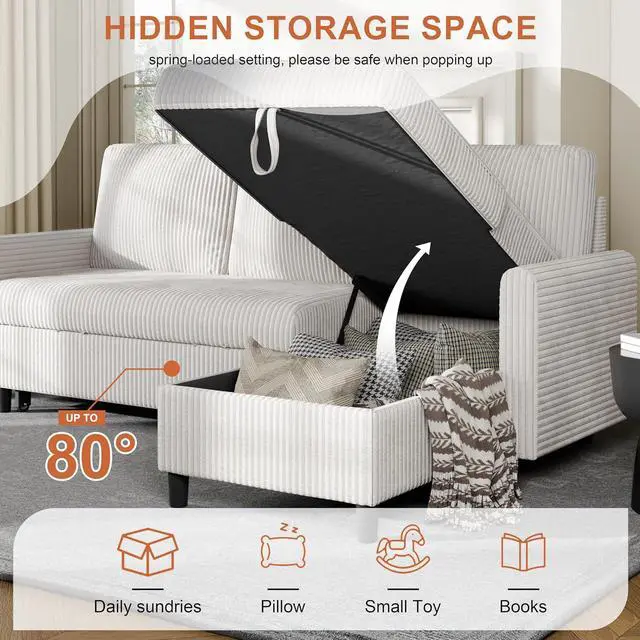 Alt view image 5 of 7 - Pull Out Couch with Storage, 77" Sectional Sleeper Sofa, 2 in 1 L-Shaped Sofa Bed with Storage Chaise Corduroy Fabric for Living Room, Apartment, Small Space, White