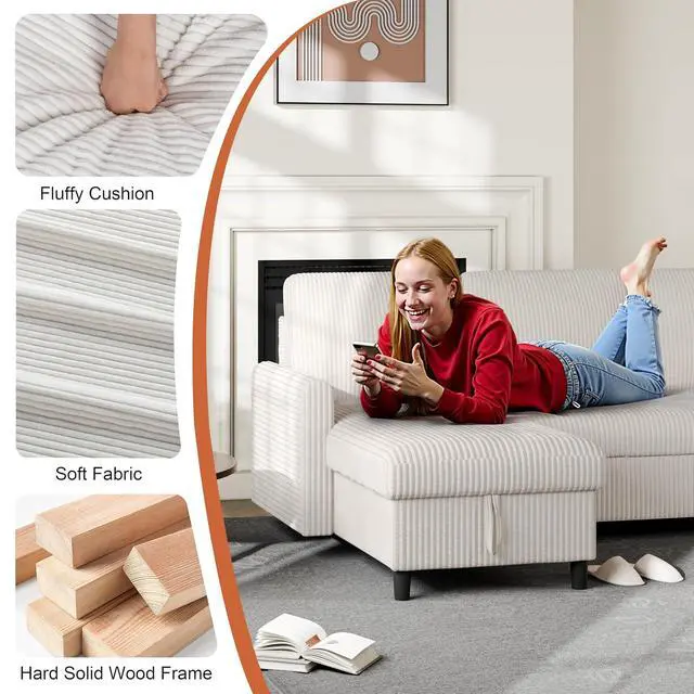 Alt view image 7 of 7 - Pull Out Couch with Storage, 77" Sectional Sleeper Sofa, 2 in 1 L-Shaped Sofa Bed with Storage Chaise Corduroy Fabric for Living Room, Apartment, Small Space, White