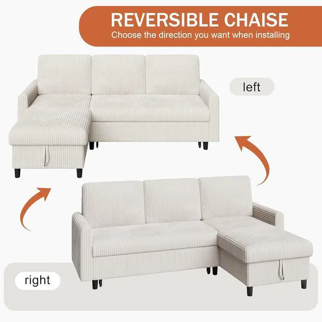 Alt view image 5 of 7 - Convertible Sleeper Sofa, Pull Out Couch with Storage, 77" L-Shaped Sofa Bed with Storage Chaise Corduroy Fabric for Living Room, Apartment, Small Space, White