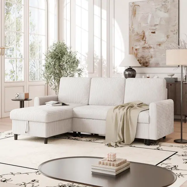 Alt view image 3 of 7 - Convertible Sleeper Sofa, Pull Out Couch with Storage, 77" L-Shaped Sofa Bed with Storage Chaise Corduroy Fabric for Living Room, Apartment, Small Space, White