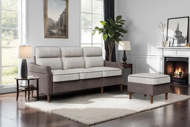 Main image of 78" L Shaped Convertible Sofa with Reversible Chaise and Rivet Decor, Sectional Sofa Couch with Side Storage Bag for Living Room, Apartment and Small Space, Brown