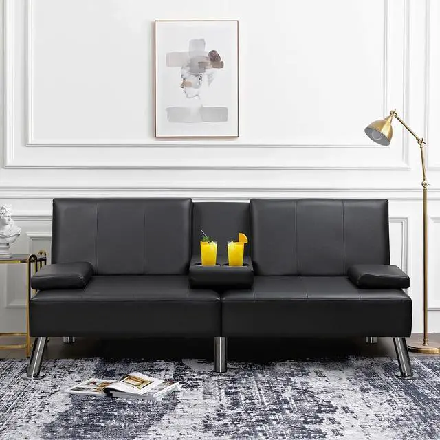 Main image of Modern Sofa, Stylish Faux Leather Futon Sofa Bed for Home Sofa Living Room, Convertible Folding Lounge Couch,2 Cup Holders, Couches for Living Room(Black)