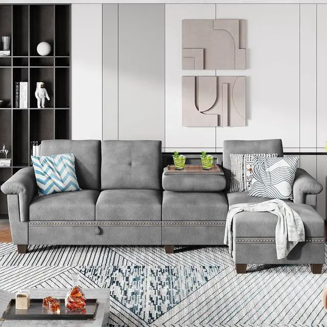 Main image of 107-Inch Convertible Sectional Sofa Set for Living Room, 4-Seat L-Shaped Couch with Storage and Reversible Chaise, Sofa Sets with Cup Holders(Light Gray)