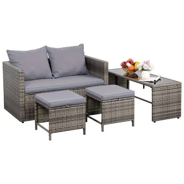 Main image of 4 Piece Patio Furniture Set Outdoor Wicker Conversation Set Rattan Sectional Sofa with Cushions