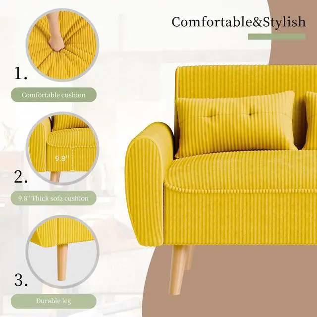 Alt view image 3 of 7 - 48" Small Modern Loveseat Sofa, Mid Century Soft Corduroy Fabric 2-Seat Sofa Couch Tufted Love Seat with Back Cushions and Tapered Legs for Living Room, Bedroom and Small Space (Yellow)