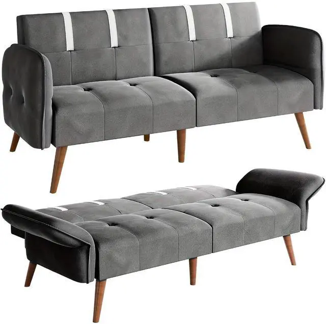 Main image of Futon Sofa Bed Velvet, 70" Small Loveseat Futon Couch Sofa Bed with Adjustable Armrests, Reliner Guest Bed Daybed for Small Space, 3 Angles, Grey