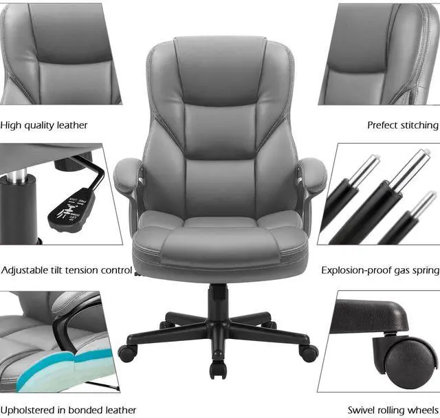 Alt view image 5 of 7 - Office Executive Chair High Back Adjustable Managerial Home Desk Chair, Swivel Computer PU Leather Chair with Lumbar Support (2, Gray)