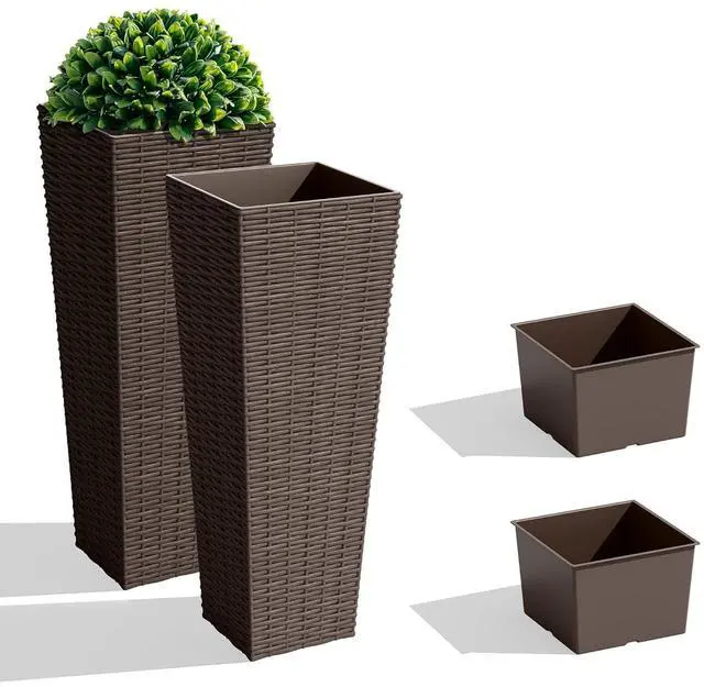 Main image of Set of 2 Resin Rattan Tall Planters for Outdoor Plants, Large Tapered Planters with Drainage Holes, Flower Pots for Garden, Patio, Porch, Backyard (Brown, 23.5",Inner Tray)