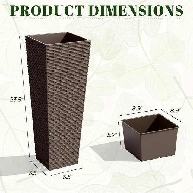 Alt view image 2 of 7 - Set of 2 Resin Rattan Tall Planters for Outdoor Plants, Large Tapered Planters with Drainage Holes, Flower Pots for Garden, Patio, Porch, Backyard (Brown, 23.5",Inner Tray)