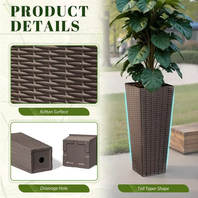 Alt view image 3 of 7 - Set of 2 Resin Rattan Tall Planters for Outdoor Plants, Large Tapered Planters with Drainage Holes, Flower Pots for Garden, Patio, Porch, Backyard (Brown, 23.5",Inner Tray)