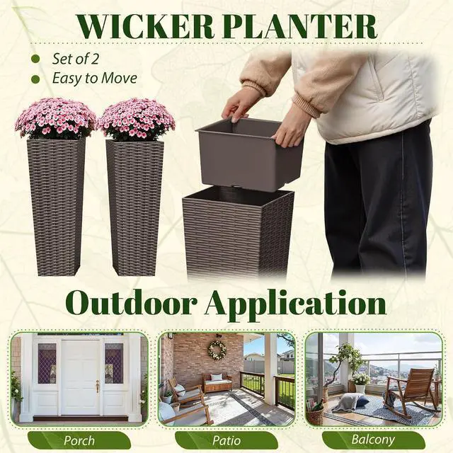 Alt view image 4 of 7 - Set of 2 Resin Rattan Tall Planters for Outdoor Plants, Large Tapered Planters with Drainage Holes, Flower Pots for Garden, Patio, Porch, Backyard (Brown, 23.5",Inner Tray)
