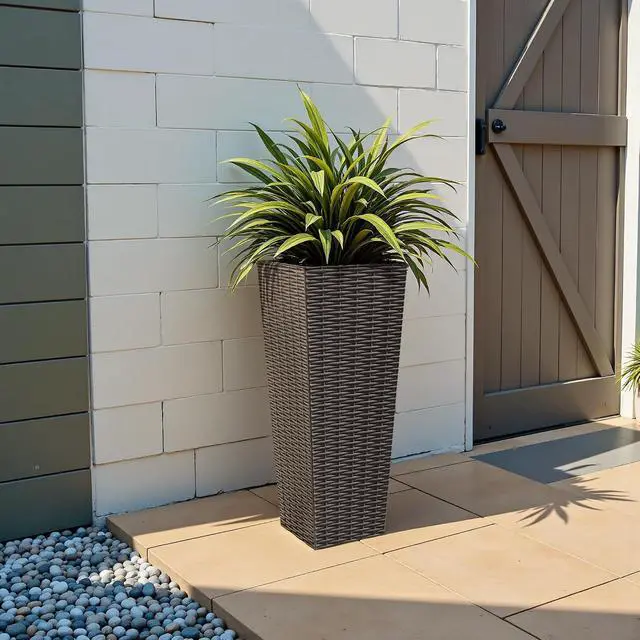 Alt view image 6 of 7 - Set of 2 Resin Rattan Tall Planters for Outdoor Plants, Large Tapered Planters with Drainage Holes, Flower Pots for Garden, Patio, Porch, Backyard (Brown, 23.5",Inner Tray)