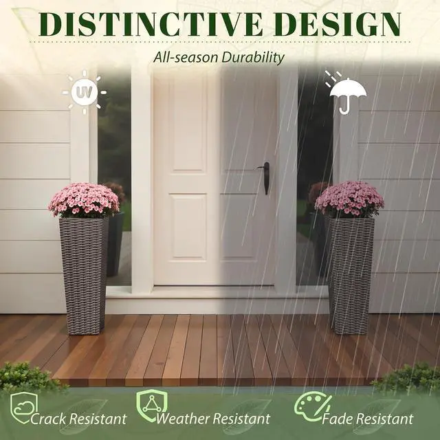 Alt view image 5 of 7 - Set of 2 Resin Rattan Tall Planters for Outdoor Plants, Large Tapered Planters with Drainage Holes, Flower Pots for Garden, Patio, Porch, Backyard (Brown, 23.5",Inner Tray)