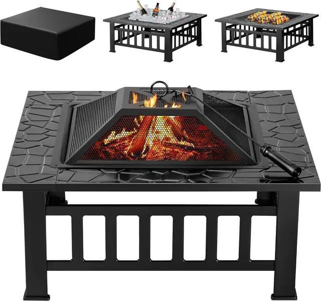 Main image of Outdoor Fire Pit, 32 Inch Firepit Table Metal Outdoor Fireplaces with Waterproof Cover for Outside Patio Camping (Black)
