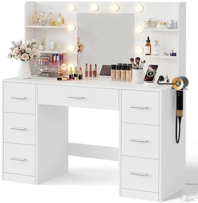Main image of Makeup Vanity Desk with Large Mirror and LED Lights, Vanity with Power Strip and Hairdryer Holder, 6 Open Shelves and 7 Drawers Modern Dressing Table, for Bedroom (Pure White)