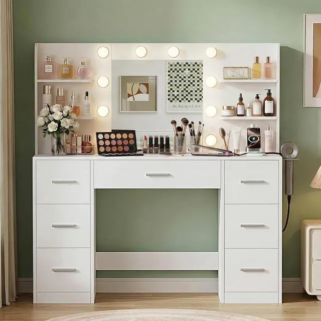 Alt view image 2 of 7 - Makeup Vanity Desk with Large Mirror and LED Lights, Vanity with Power Strip and Hairdryer Holder, 6 Open Shelves and 7 Drawers Modern Dressing Table, for Bedroom (Pure White)