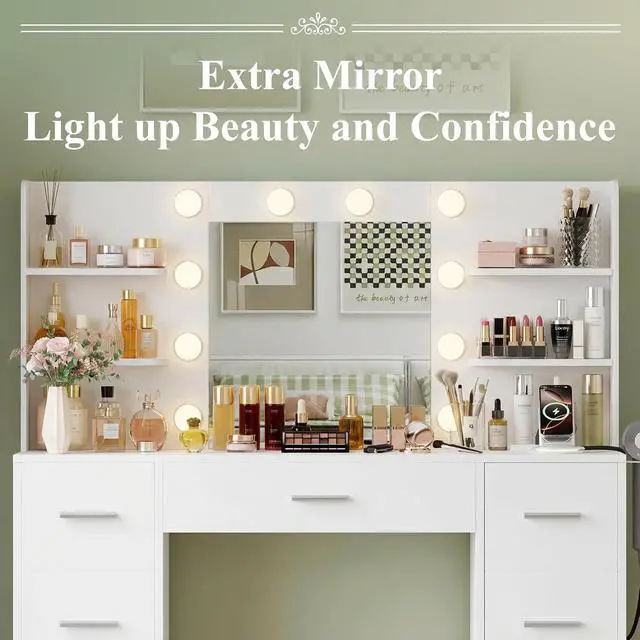 Alt view image 3 of 7 - Makeup Vanity Desk with Large Mirror and LED Lights, Vanity with Power Strip and Hairdryer Holder, 6 Open Shelves and 7 Drawers Modern Dressing Table, for Bedroom (Pure White)