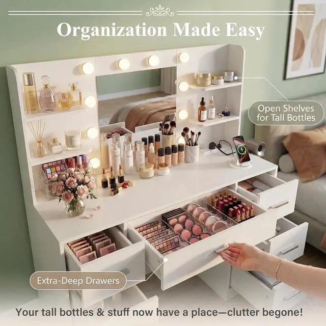 Alt view image 4 of 7 - Makeup Vanity Desk with Large Mirror and LED Lights, Vanity with Power Strip and Hairdryer Holder, 6 Open Shelves and 7 Drawers Modern Dressing Table, for Bedroom (Pure White)