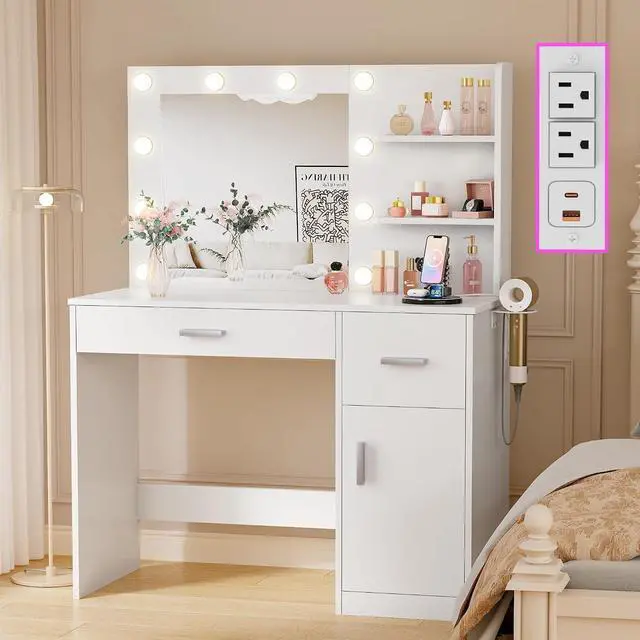 Main image of 39" Vanity Desk with Mirror & Power Outlet, 10 Lights, Makeup Vanity Table with 4 Large Drawers and 3 Storage Shelves, 3 Model Adjustable Lights for Bedroom & Dressing Room (White)