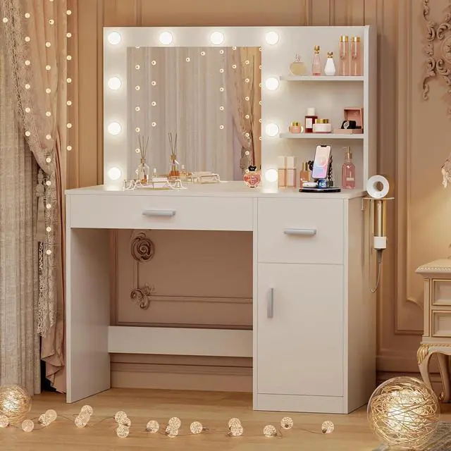 Alt view image 2 of 7 - 39" Vanity Desk with Mirror & Power Outlet, 10 Lights, Makeup Vanity Table with 4 Large Drawers and 3 Storage Shelves, 3 Model Adjustable Lights for Bedroom & Dressing Room (White)