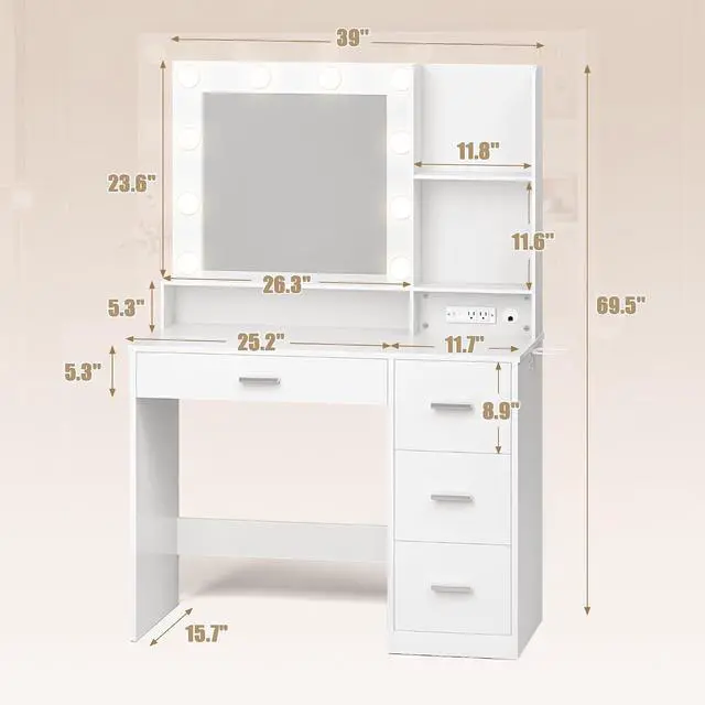 Alt view image 3 of 7 - 39" Vanity Desk with Mirror & Power Outlet, 10 Lights, Makeup Vanity Table with 4 Large Drawers and 3 Storage Shelves, 3 Model Adjustable Lights for Bedroom & Dressing Room (White)