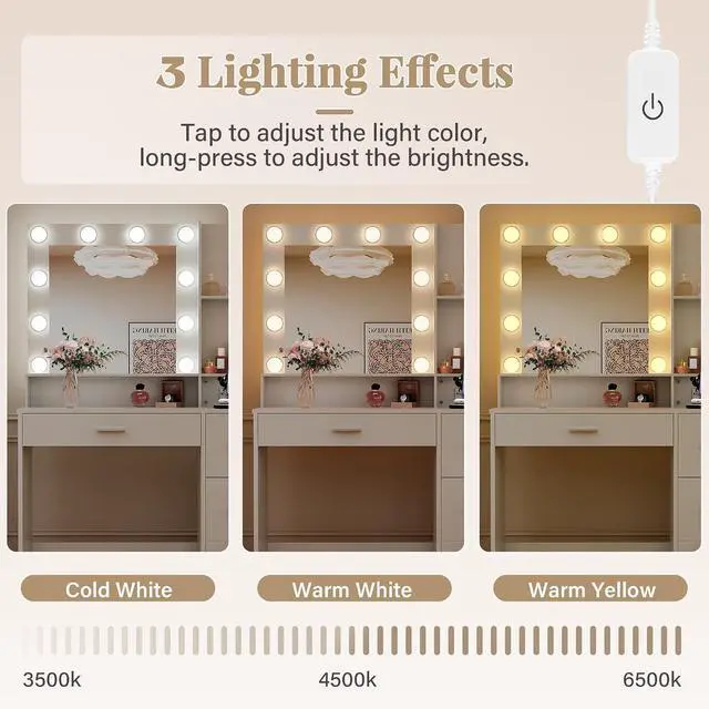 Alt view image 4 of 7 - 39" Vanity Desk with Mirror & Power Outlet, 10 Lights, Makeup Vanity Table with 4 Large Drawers and 3 Storage Shelves, 3 Model Adjustable Lights for Bedroom & Dressing Room (White)