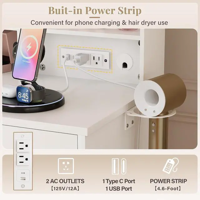 Alt view image 5 of 7 - 39" Vanity Desk with Mirror & Power Outlet, 10 Lights, Makeup Vanity Table with 4 Large Drawers and 3 Storage Shelves, 3 Model Adjustable Lights for Bedroom & Dressing Room (White)